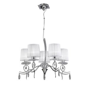 Louise 74cm Pendant 5 Light E27 With White Shades Polished Chrome / Clear Crystal