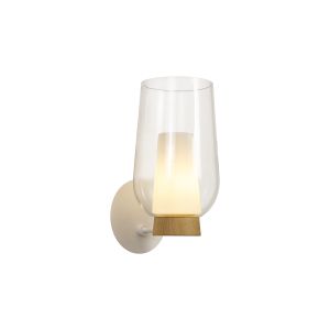 Nora Wall Lamp, 1 Light E27, White/Wood/Clear Glass With Frosted Inner