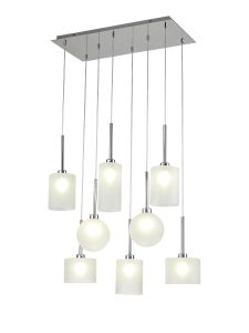 Penton Rectangle Multiple Pendant 2m, 8 x G9, Polished Chrome/Frosted Type A,B,C,G Shade