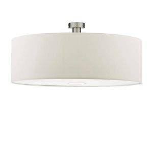 Edie 1 Light E27 Antique Chrome Semi Flush C/W White Smooth Faux Silk 60cm Drum Shade With Soft White Acrylic Diffuser