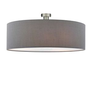 Edie 1 Light E27 Antique Chrome Semi Flush C/W Slate Grey Faux Silk 60cm Drum Shade With Soft White Acrylic Diffuser