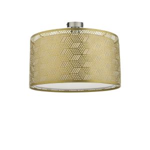 Edie 1 Light E27 Antique Chrome Semi Flush C/W Gold Finish Metal Drum Shade With Intricate Geometric Piercings