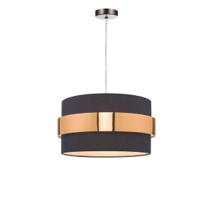 Alto 1 Light E27 Antique Chrome Adjustable Pendant C/W Navy Blue Cotton Shade With Copper Band Finish