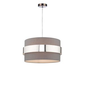 Alto 1 Light E27 Antique Chrome Adjustable Pendant C/W Grey Cotton Shade With Polished Antique Chrome Band Finish