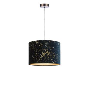 Alto 1 Light E27 Antique Chrome Adjustable Pendant C/W Navy Blue Velvet Shade With Gold Speckle Pattern Finish