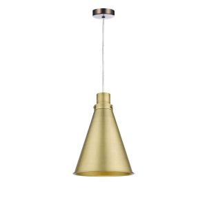 Alto 1 Light E27 Antique Chrome Adjustable Pendant C/W Aged Brass Metal Cone Shaped Shade