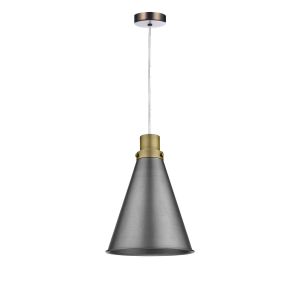 Alto 1 Light E27 Antique Chrome Adjustable Pendant C/W Aged Brass With Antique Antique Chrome Metal Cone Shaped Shade