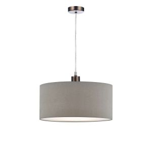 Alto 1 Light E27 Antique Chrome Adjustable Pendant C/W Slate Grey Faux Silk 40cm Drum Shade With Soft White Acrylic Diffuser