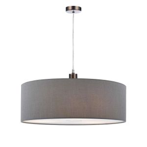 Alto 1 Light E27 Antique Chrome Adjustable Pendant C/W Slate Grey Faux Silk 60cm Drum Shade With Soft White Acrylic Diffuser