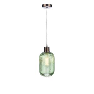 Alto 1 Light E27 Antique Chrome Adjustable Pendant C/W Green Ribbed Glass Shade