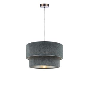 Alto 1 Light E27 Antique Chrome Adjustable Pendant C/W Cool Grey Velvet Shade With A Silver Metallic Lining