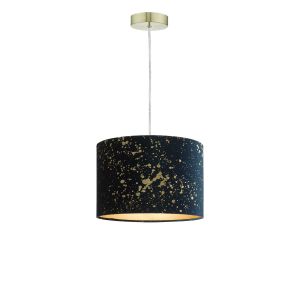 Alto 1 Light E27 Satin Brass Adjustable Pendant C/W Navy Blue Velvet Shade With Gold Speckle Pattern Finish