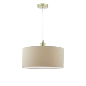 Alto 1 Light E27 Satin Brass Adjustable Pendant C/W Taupe Faux Silk 40cm Drum Shade With Soft White Acrylic Diffuser