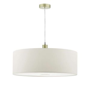 Alto 1 Light E27 Satin Brass Adjustable Pendant C/W White Smooth Faux Silk 60cm Drum Shade With Soft White Acrylic Diffuser