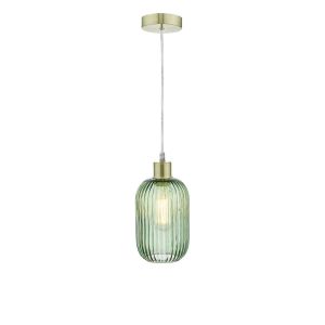 Alto 1 Light E27 Satin Brass Adjustable Pendant C/W Green Ribbed Glass Shade