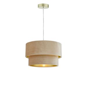 Alto 1 Light E27 Satin Brass Adjustable Pendant C/W Taupe Velvet Shade With A Gold Metallic Lining