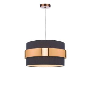 Alto 1 Light E27 Aged Copper Adjustable Pendant C/W Navy Blue Cotton Shade With Copper Band Finish