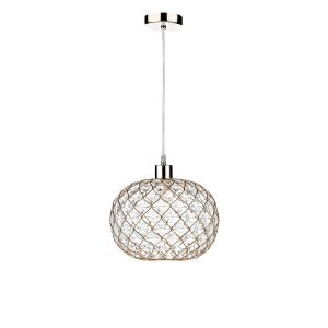 Alto 1 Light E27 Satin Chrome Adjustable Pendant C/W Gold Finish Frame Shade With Faceted Acrylic Heptagonal Beads