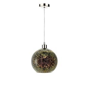 Alto 1 Light E27 Satin Chrome Adjustable Pendant C/W Silver Mirror 3D Glass Globe Shade With Exploding Speckles Of Light