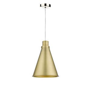 Alto 1 Light E27 Satin Chrome Adjustable Pendant C/W Aged Brass Metal Cone Shaped Shade