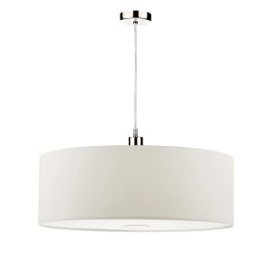 Alto 1 Light E27 Satin Chrome Adjustable Pendant C/W White Smooth Faux Silk 60cm Drum Shade With Soft White Acrylic Diffuser