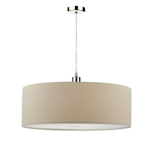 Alto 1 Light E27 Satin Chrome Adjustable Pendant C/W Taupe Faux Silk 60cm Drum Shade With Soft White Acrylic Diffuser