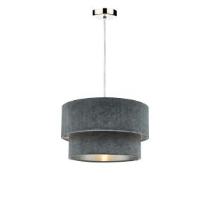 Alto 1 Light E27 Satin Chrome Adjustable Pendant C/W Cool Grey Velvet Shade With A Silver Metallic Lining