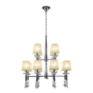 Tiffany 85cm Pendant 2 Tier 12+12 Light E14+G9, Polished Chrome With Cream Shades & Clear Crystal