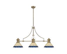 Sonoma 3 Light Linear Pendant E27 With 30cm Tiffany Shade, Antique Brass, Blue, Ccrain, Crystal
