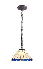 Sonoma 29.5cm 1 Light Downlighter Pendant E27 With 30cm Tiffany Shade, Blue/Ccrain/Crystal/Aged Antique Brass