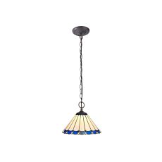 Sonoma 29.5cm 2 Light Downlighter Pendant E27 With 30cm Tiffany Shade, Blue/Ccrain/Crystal/Aged Antique Brass