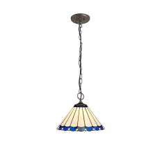 Sonoma 29.5cm 3 Light Downlighter Pendant E27 With 30cm Tiffany Shade, Blue/Ccrain/Crystal/Aged Antique Brass