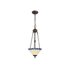 Sonoma 29.5cm 2 Light Uplighter Pendant E27 With 30cm Tiffany Shade, Blue/Ccrain/Crystal/Aged Antique Brass