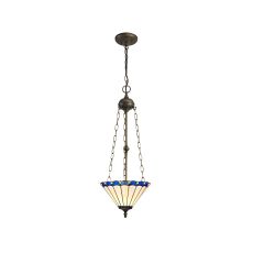 Sonoma 29.5cm 3 Light Uplighter Pendant E27 With 30cm Tiffany Shade, Blue/Ccrain/Crystal/Aged Antique Brass