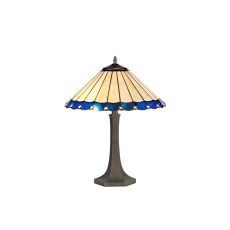 Sonoma 2 Light Octagonal Table Lamp E27 With 40cm Tiffany Shade, Blue/Ccrain/Crystal/Aged Antique Brass