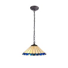 Sonoma 40.5cm 1 Light Downlighter Pendant E27 With 40cm Tiffany Shade, Blue/Ccrain/Crystal/Aged Antique Brass
