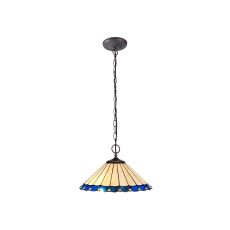 Sonoma 40.5cm 2 Light Downlighter Pendant E27 With 40cm Tiffany Shade, Blue/Ccrain/Crystal/Aged Antique Brass