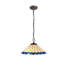 Sonoma 40.5cm 3 Light Downlighter Pendant E27 With 40cm Tiffany Shade, Blue/Ccrain/Crystal/Aged Antique Brass