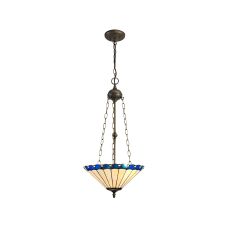 Sonoma 40.5cm 3 Light Uplighter Pendant E27 With 40cm Tiffany Shade, Blue/Ccrain/Crystal/Aged Antique Brass